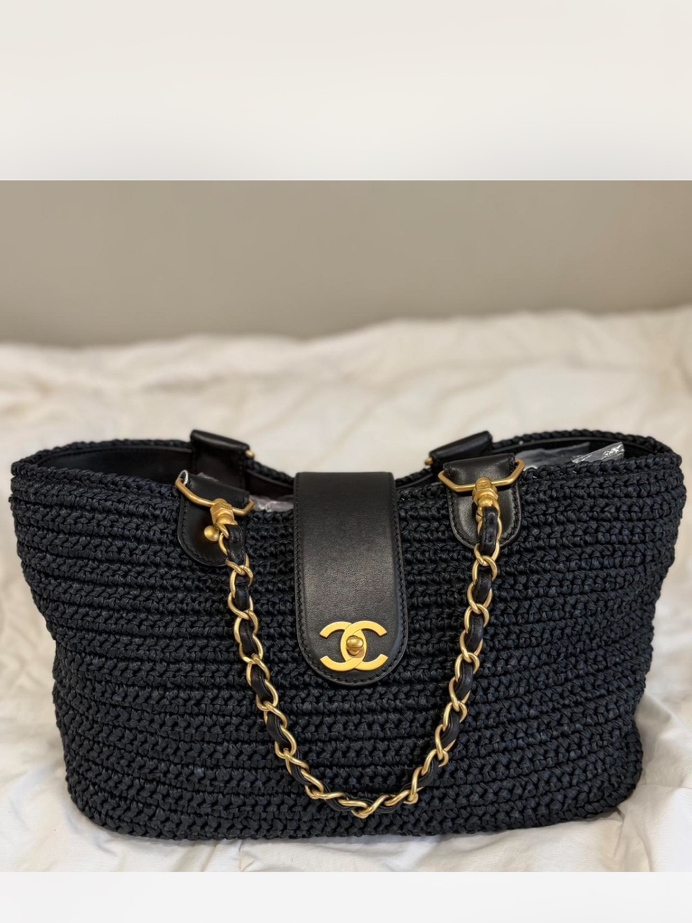 CHANEL Black Woven Shoulder Tote with Gold Chain Strap